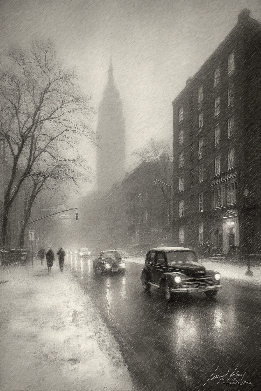 Winterliche Schneeszene In Der Stadt Mit Vintage Hochhaus Im Nebel | Staedtekunst | Laender und Reisen