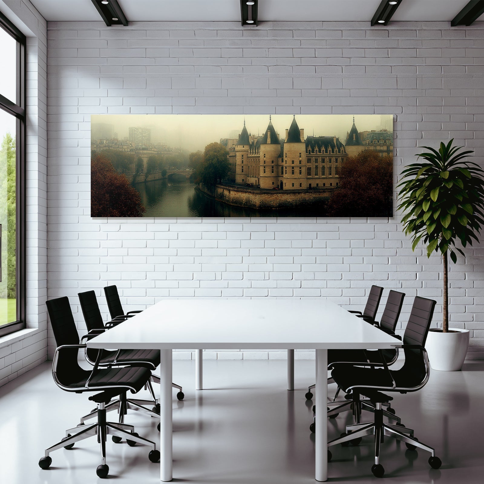 Historische Burg Im Nebel Am Flussufer