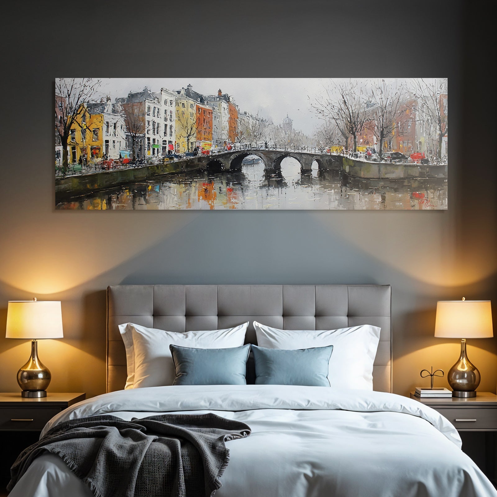 Idyllische Impressionistische Stadtansicht Mit Kanal Und Brücke