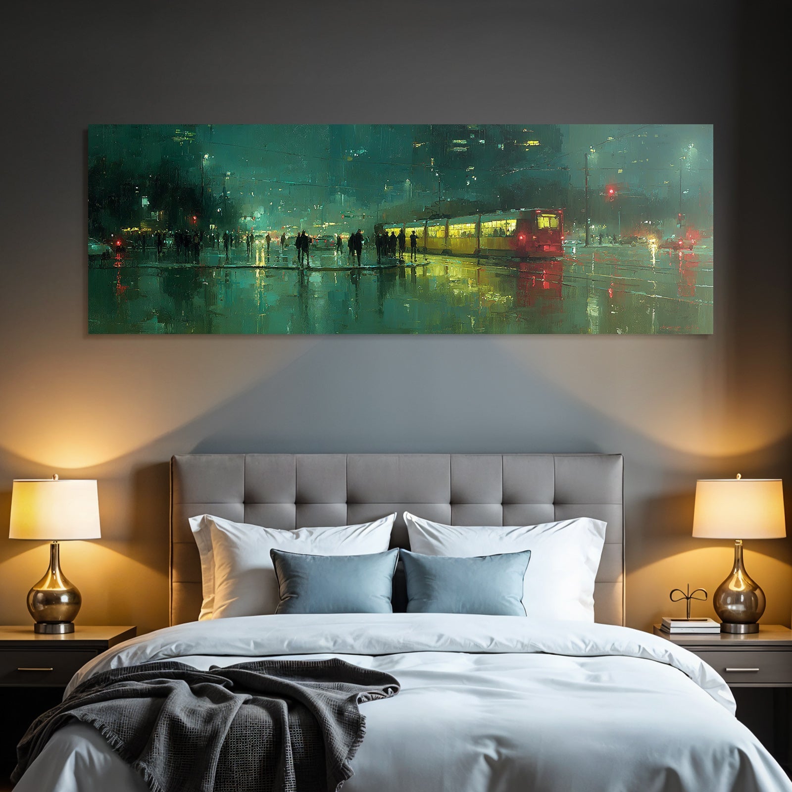 Impressionistische Stadtszene Bei Nacht Mit Regen Reflektionen Und Strassenbahn