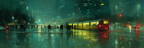 Impressionistische Stadtszene Bei Nacht Mit Regen Reflektionen Und Strassenbahn | Staedtekunst | Laender und Reisen
