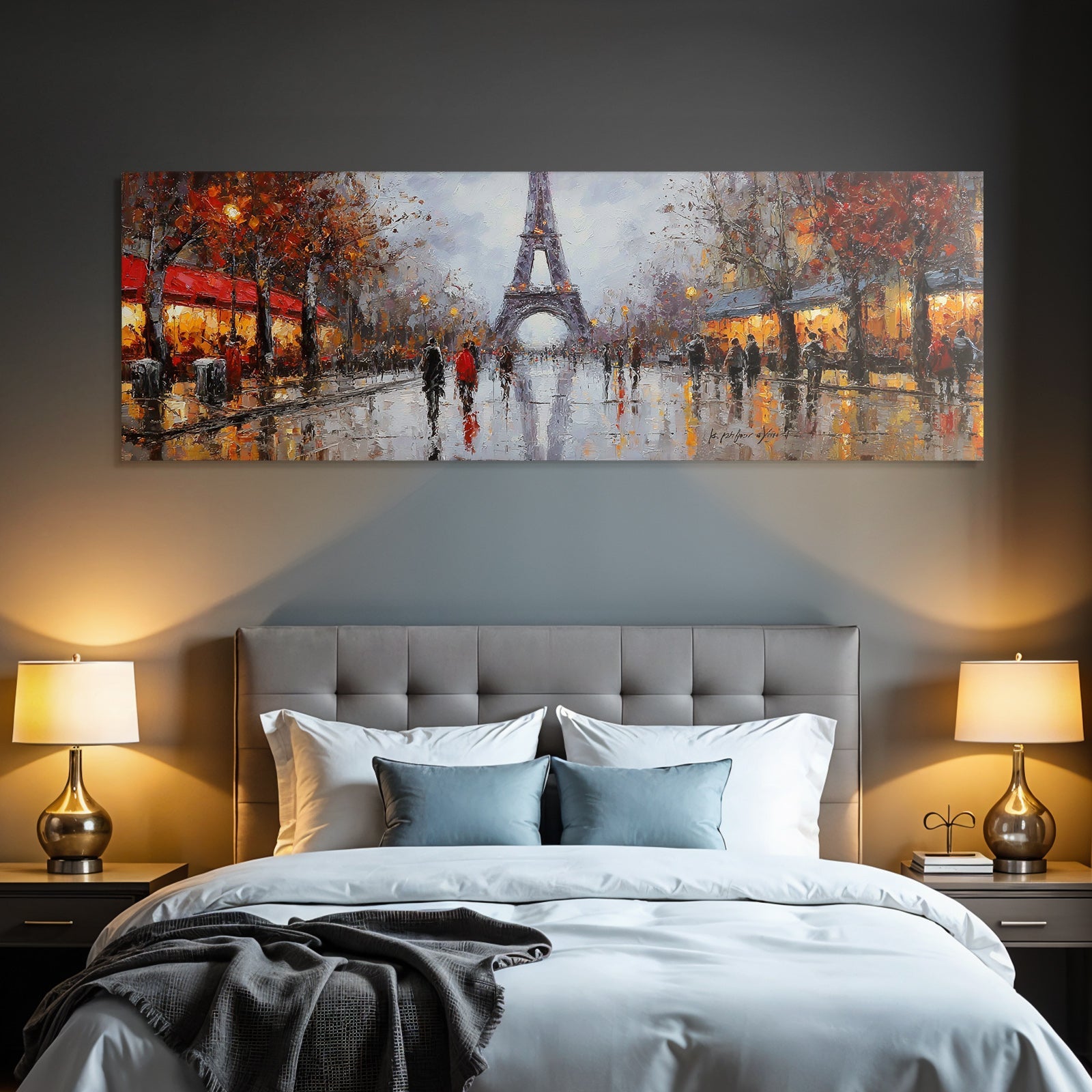 Impressionistisches Regenschirm Strassenbild Mit Eiffelturm Und Cafes