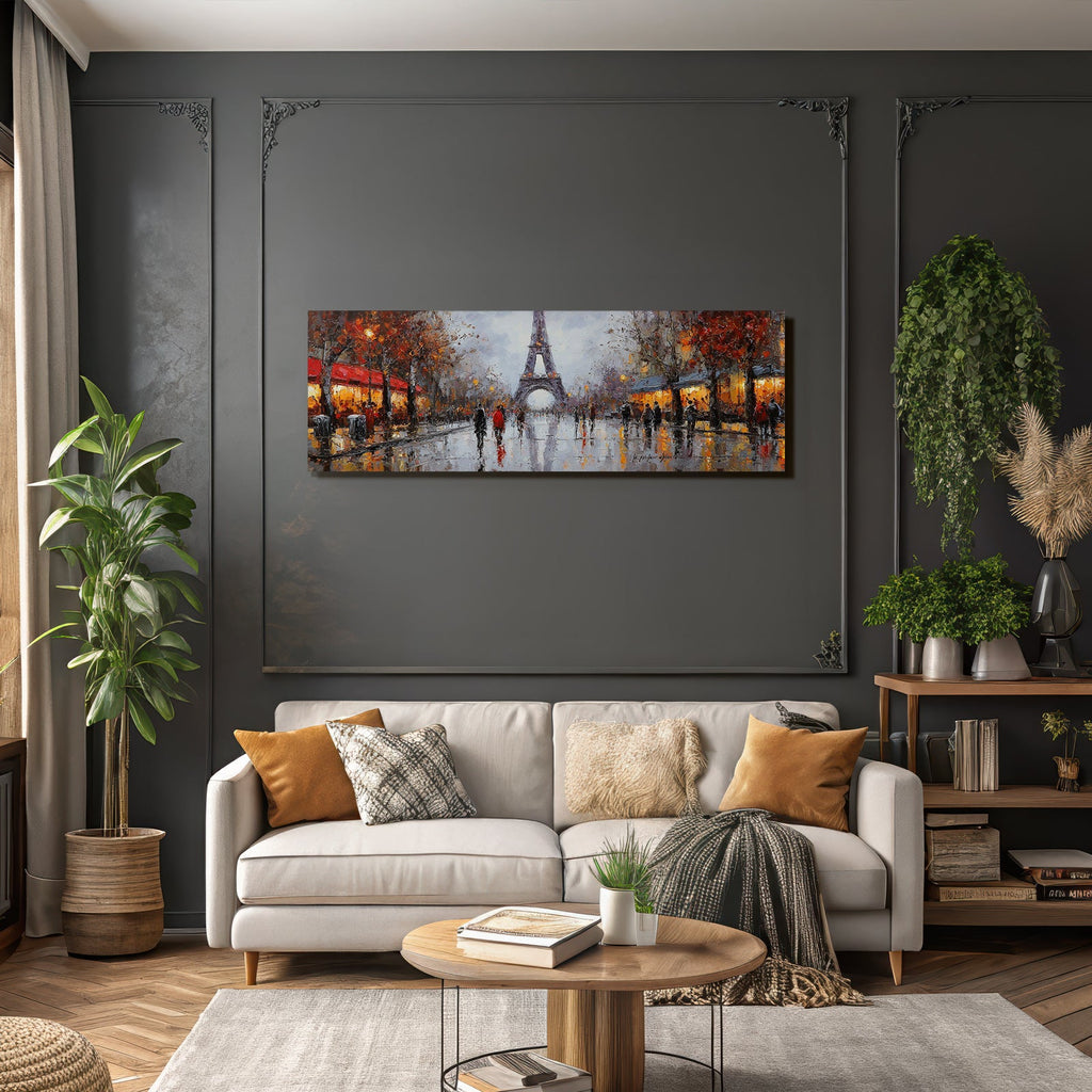Impressionistisches Regenschirm Strassenbild Mit Eiffelturm Und Cafes