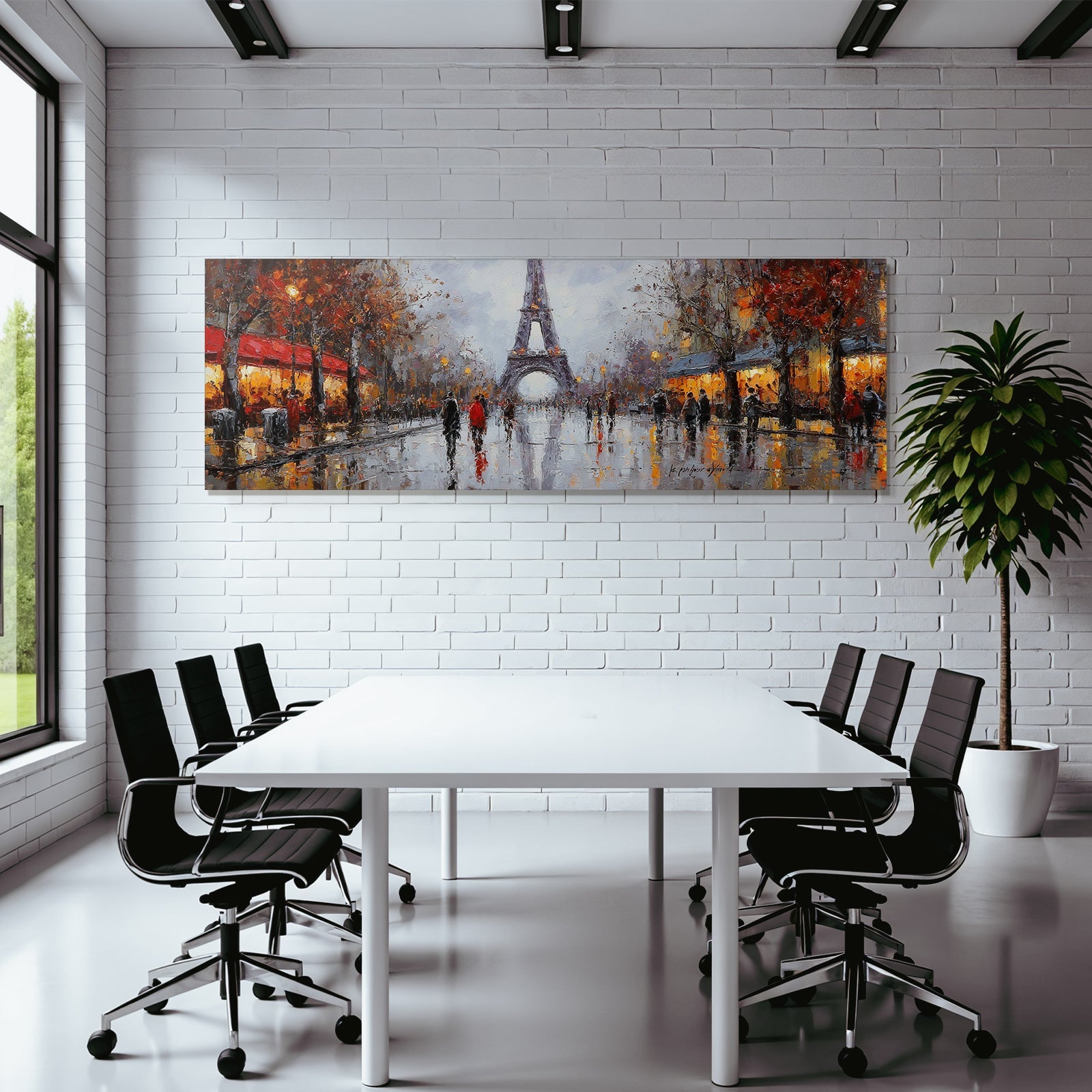 Impressionistisches Regenschirm Strassenbild Mit Eiffelturm Und Cafes