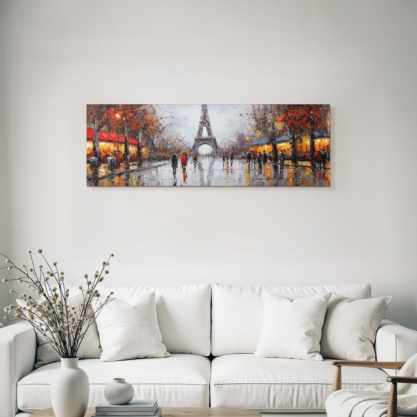 Impressionistisches Regenschirm Strassenbild Mit Eiffelturm Und Cafes