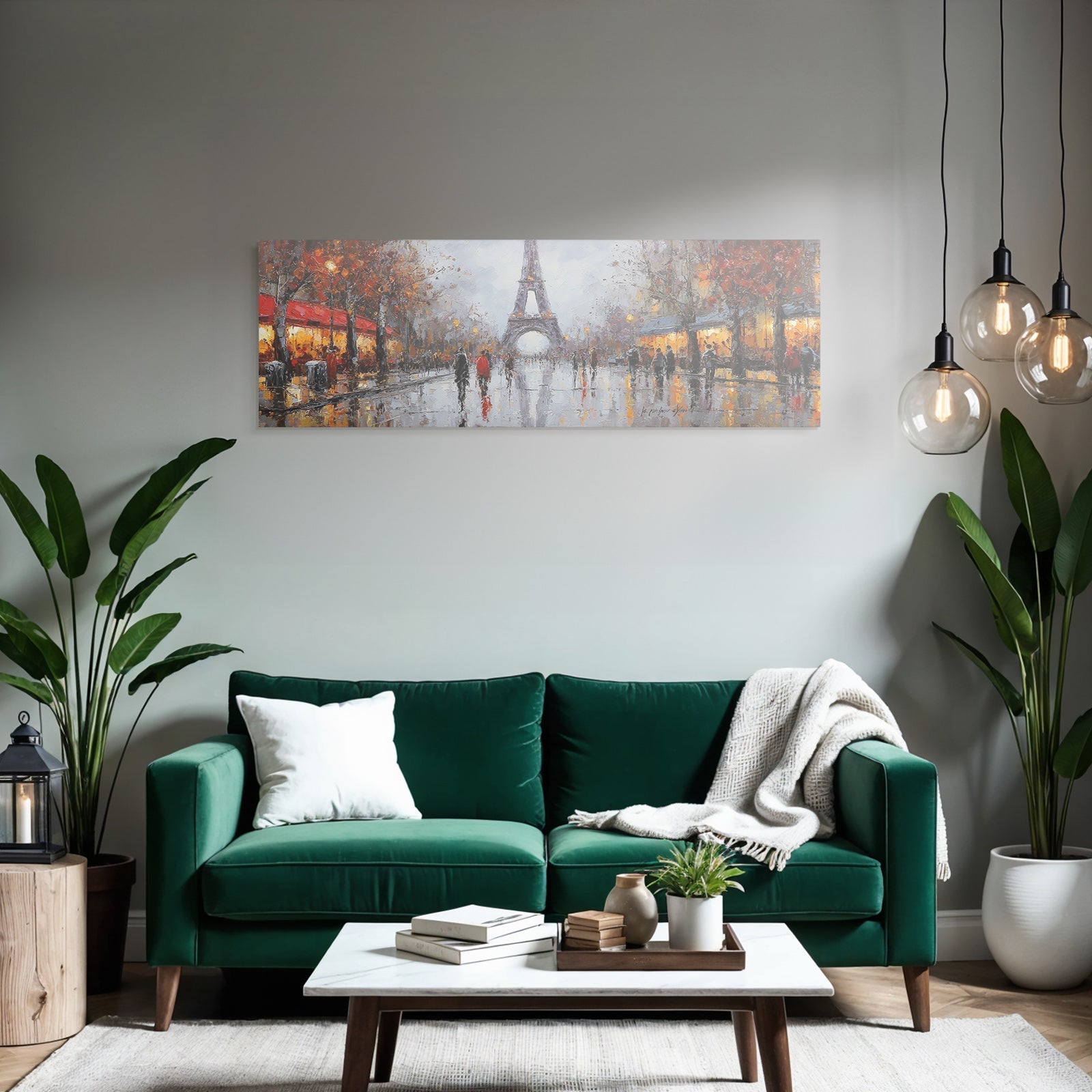 Impressionistisches Regenschirm Strassenbild Mit Eiffelturm Und Cafes