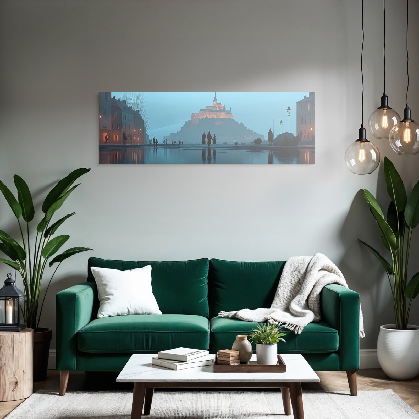 Magische Küstenstadt Bei Nacht Mit Schloss Und Spiegelungen