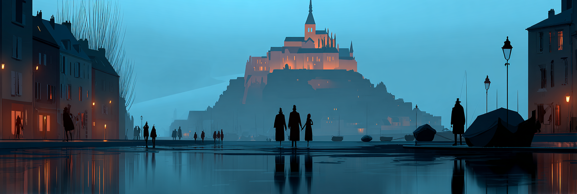 Magische Küstenstadt Bei Nacht Mit Schloss Und Spiegelungen | Staedtekunst | Laender und Reisen