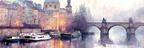 Malerische Neblige Flusslandschaft Mit Brücke Und Booten | Staedtekunst | Laender und Reisen