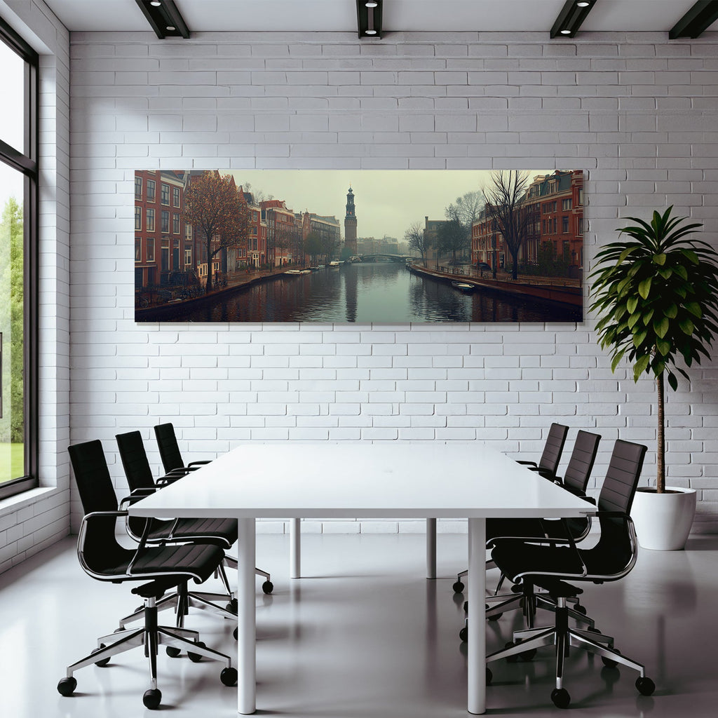 Neblige Stadtkulisse An Einem Kanal Mit Uhrenturm