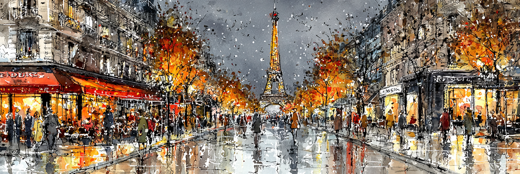 Paris Strassenszene Mit Eiffelturm Im Regennassen Herbstabend | Staedtekunst | Laender und Reisen