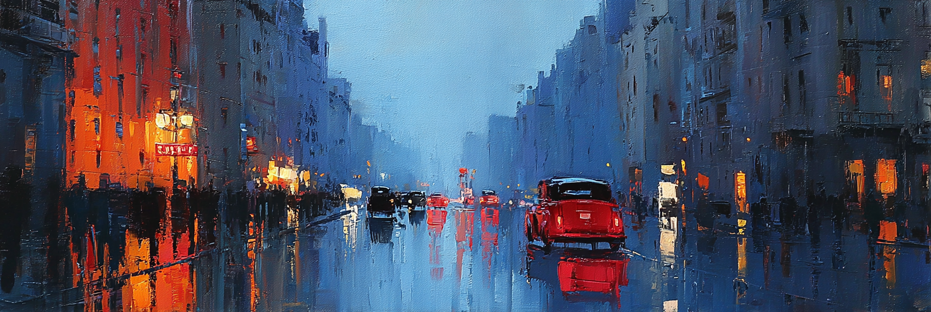 Regenstrasse In Der Stadt Mit Rotem Auto Impressionistische Stimmung | Staedtekunst | Laender und Reisen