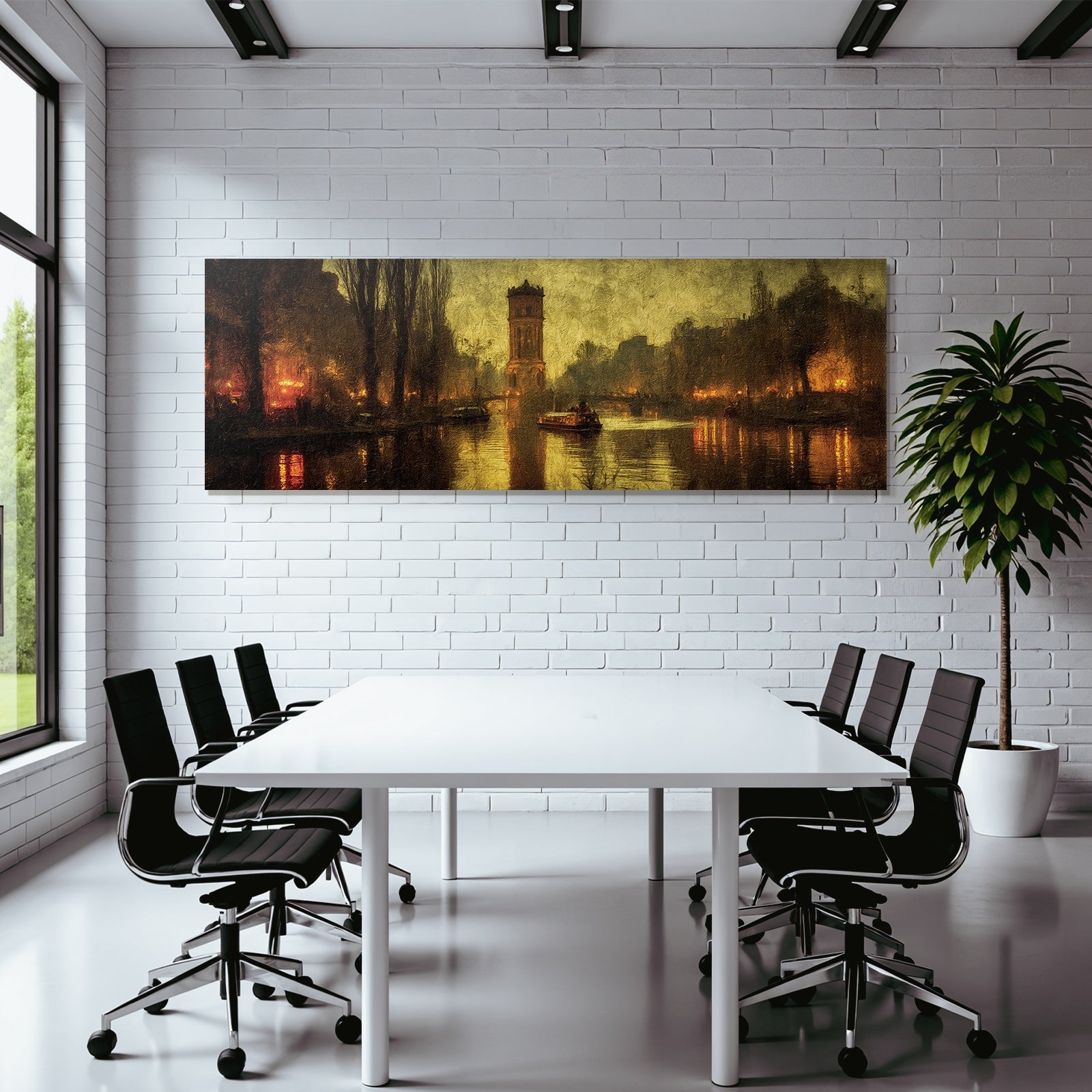 Ruhige Stadtlandschaft Am Abend Am Fluss Mit Booten Und Reflexionen