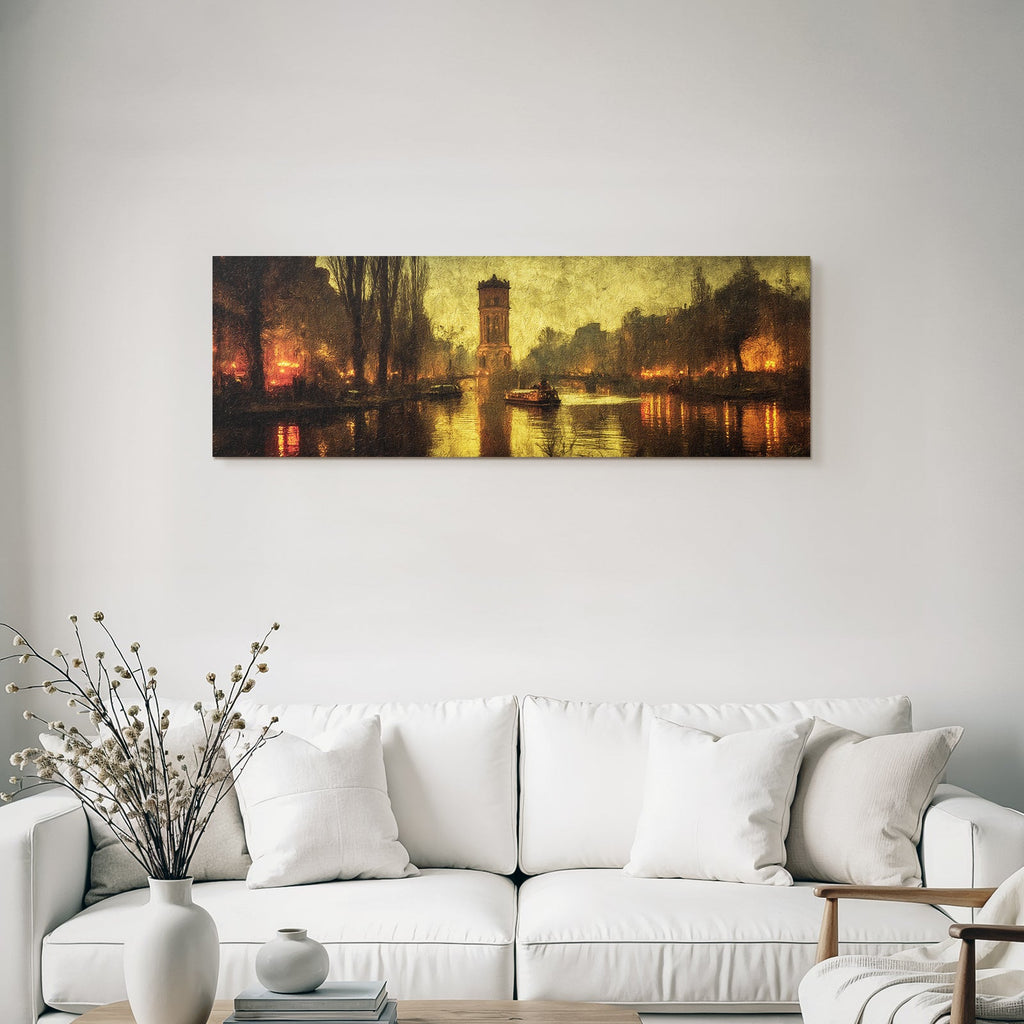 Tranquil cityscape in the evening by the river with boats and reflections