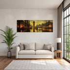 Tranquil cityscape in the evening by the river with boats and reflections