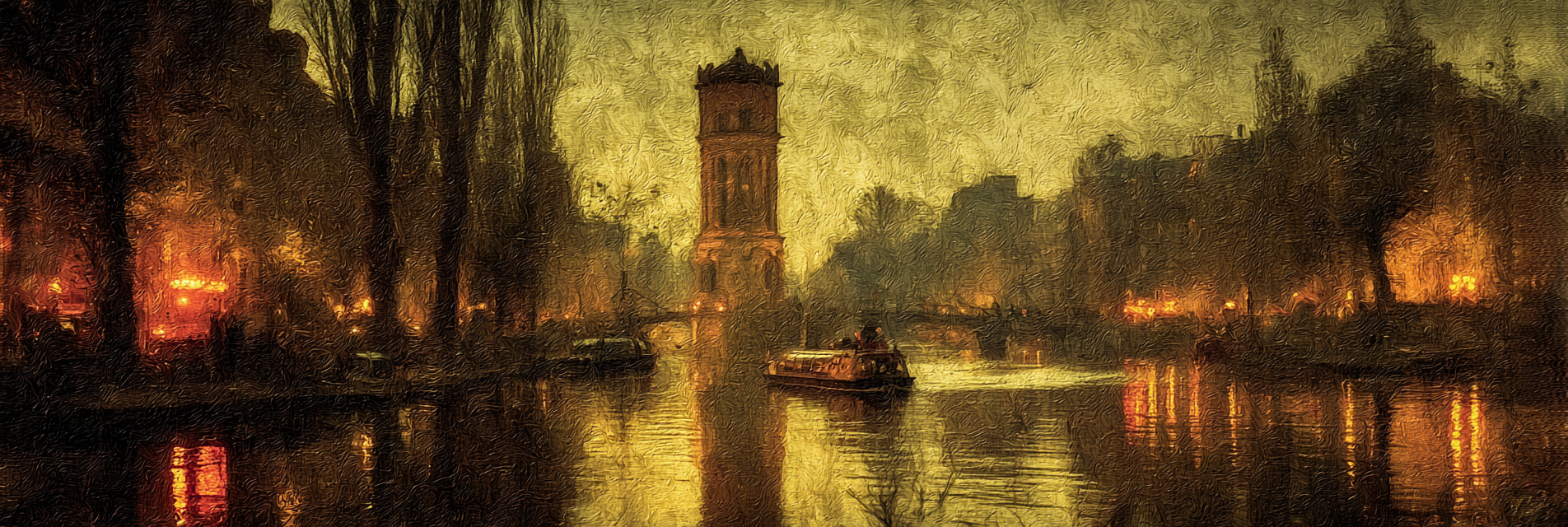 Ruhige Stadtlandschaft Am Abend Am Fluss Mit Booten Und Reflexionen | Staedtekunst | Laender und Reisen