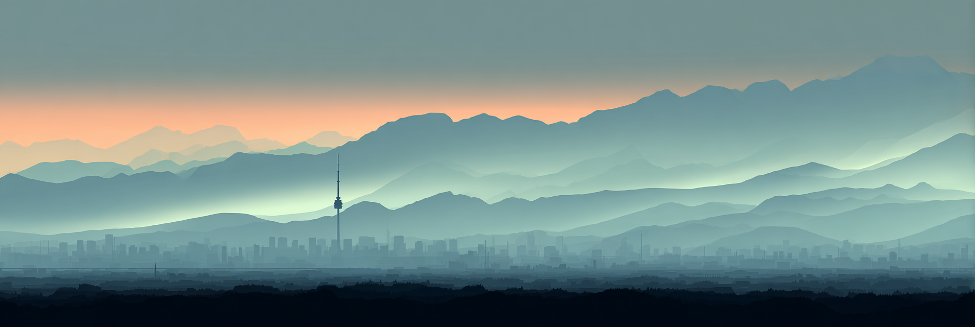 Stadtlandschaft Mit Turm Und Bergkulisse Im Sonnenaufgang | Staedtekunst | Laender und Reisen