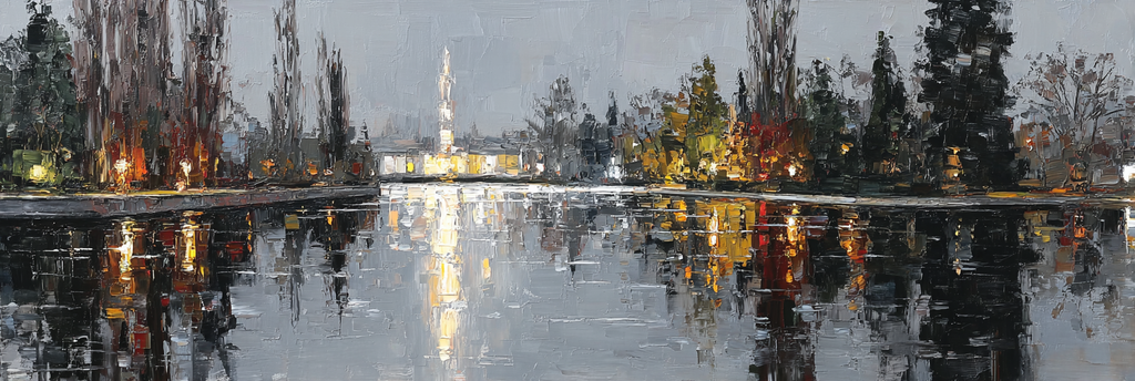 Stimmungsvolle Flusslandschaft Ölgemalde Mit Reflektionen | Staedtekunst | Laender und Reisen