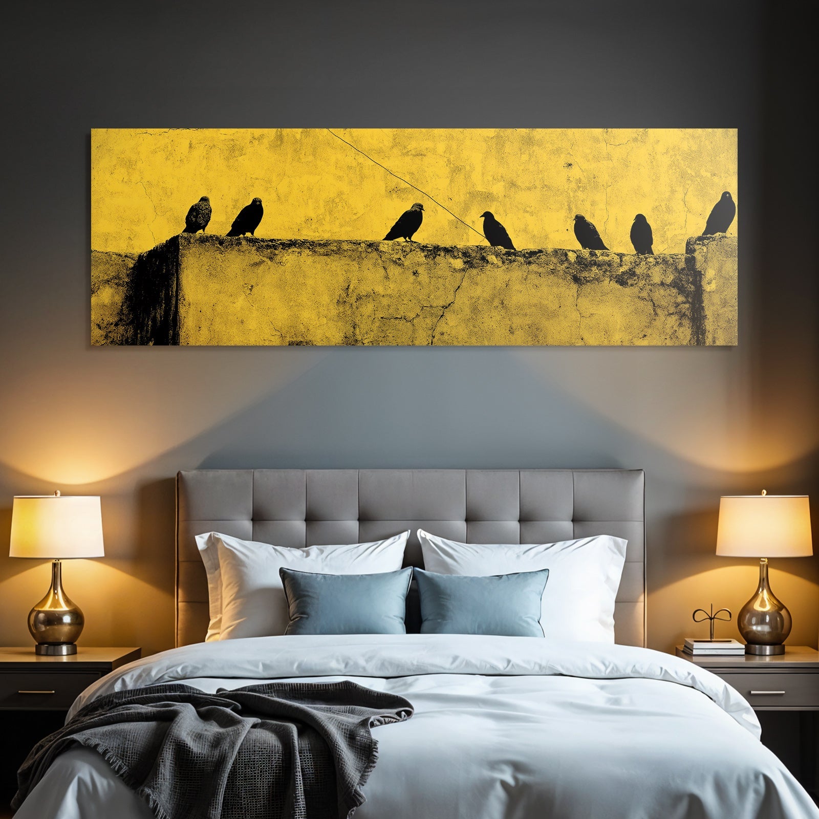Vogelsilhoütten Auf Einer Leiste Vor Gelber Wand