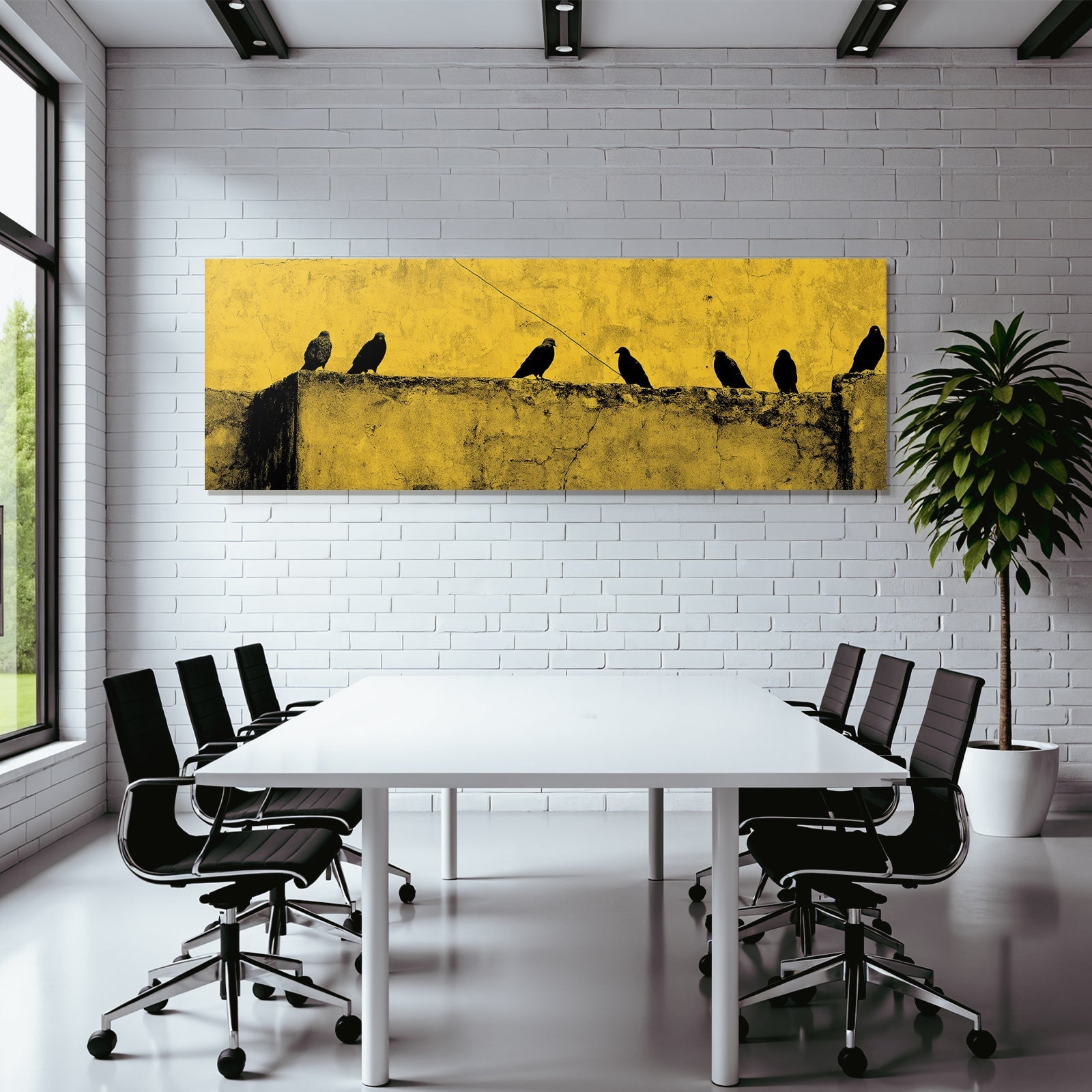 Vogelsilhoütten Auf Einer Leiste Vor Gelber Wand