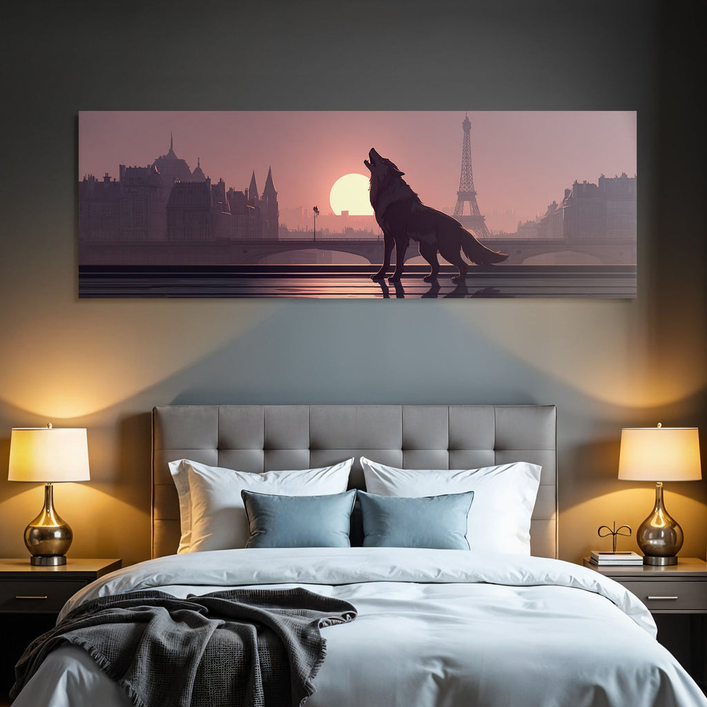 Wolf silhouette howls at sunset in front of Paris skyline