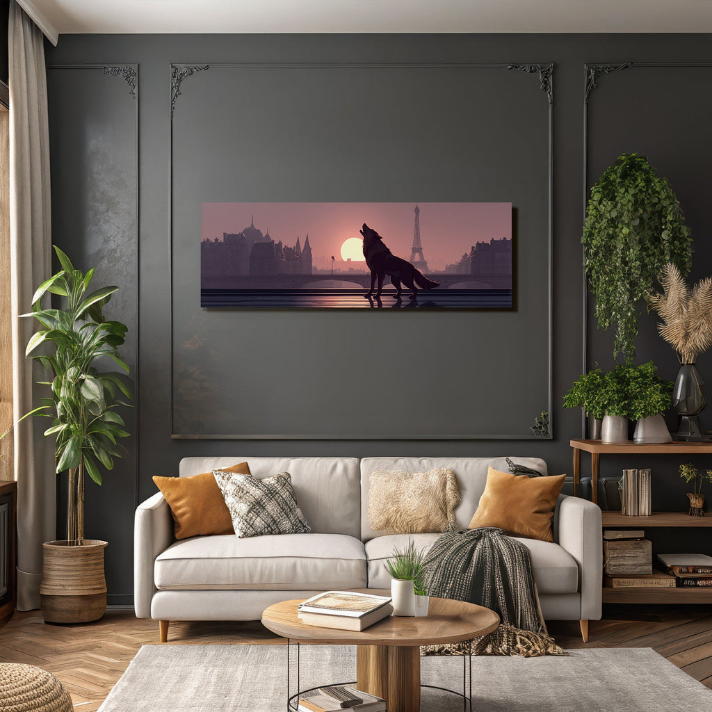Wolf silhouette howls at sunset in front of Paris skyline