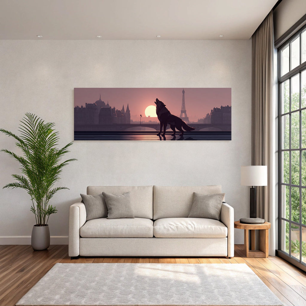Wolf silhouette howls at sunset in front of Paris skyline