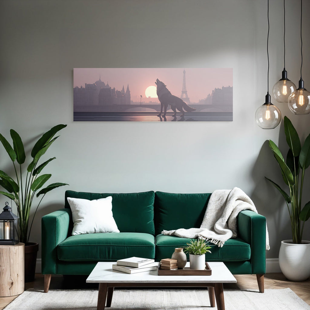 Wolf silhouette howls at sunset in front of Paris skyline