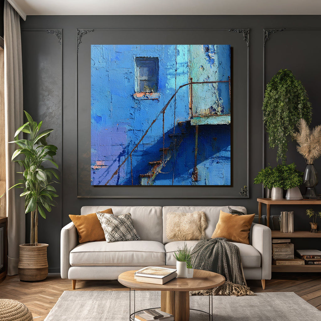 Alternde Blaü Wand Mit Fenster Und Verrosteter Treppe