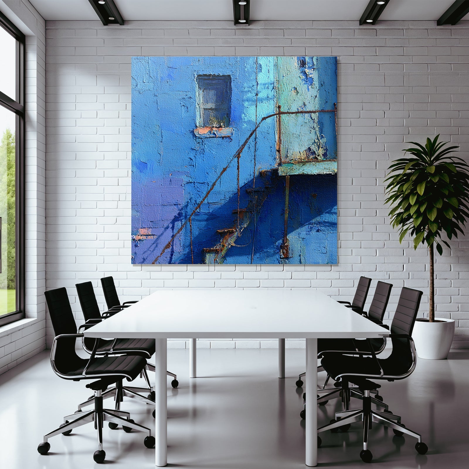 Alternde Blaü Wand Mit Fenster Und Verrosteter Treppe