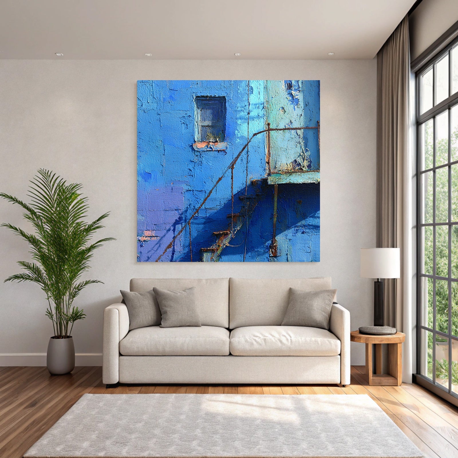 Alternde Blaü Wand Mit Fenster Und Verrosteter Treppe