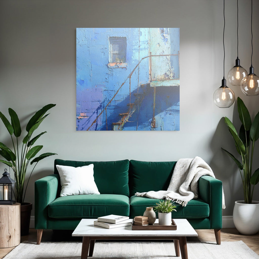 Alternde Blaü Wand Mit Fenster Und Verrosteter Treppe