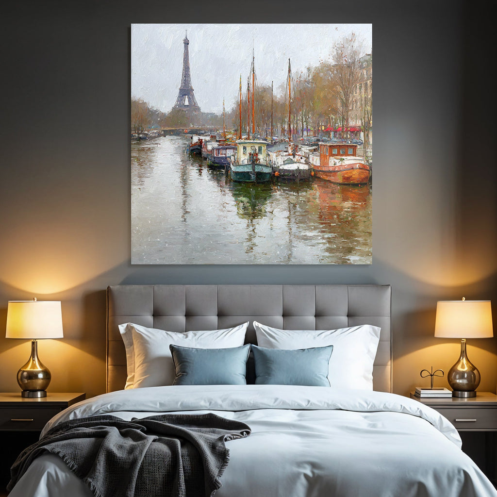 Boote An Der Seine Mit Eiffelturm Im Hintergrund