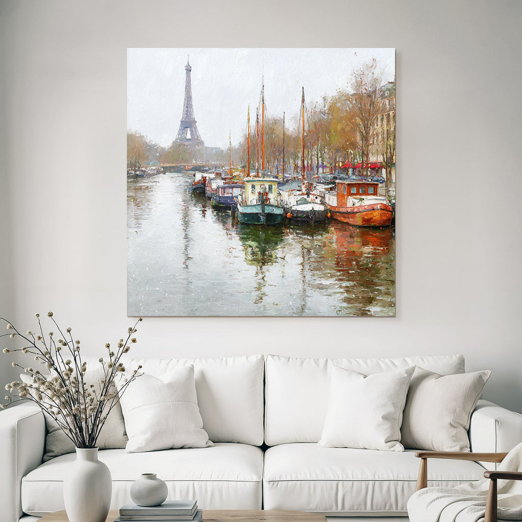 Boote An Der Seine Mit Eiffelturm Im Hintergrund