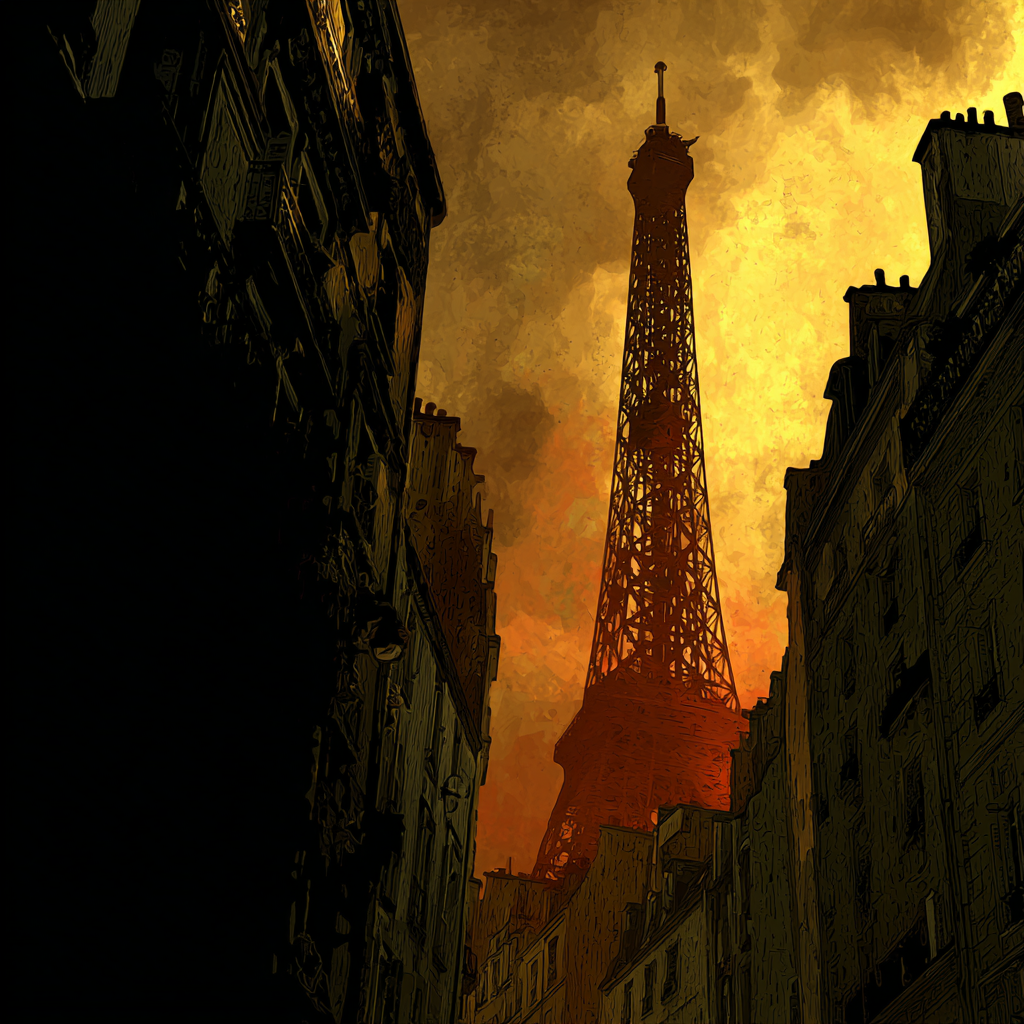 Dramatische Sonnenuntergangsstimmung In Der Stadt Mit Eiffelturmartigem Turm | Staedtekunst | Laender und Reisen
