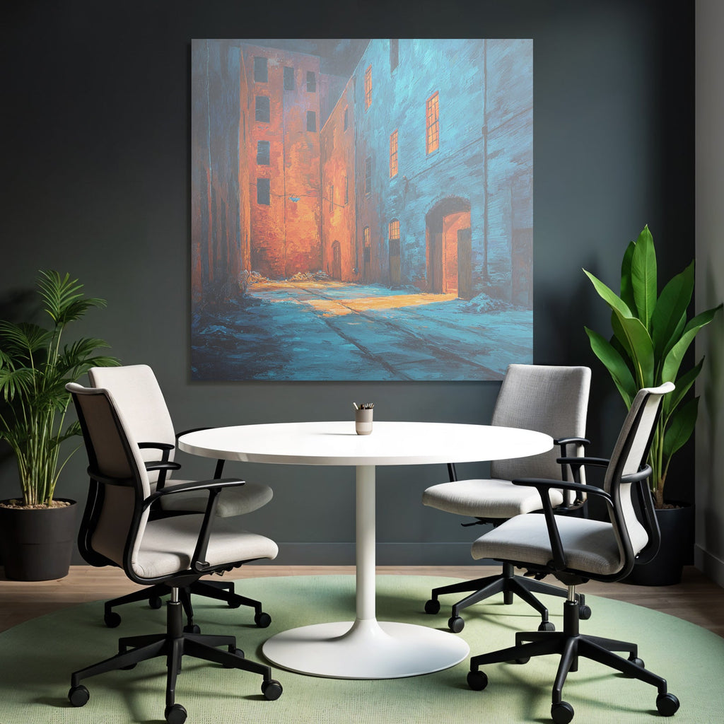 Dark alley with warm oranges and cool blues