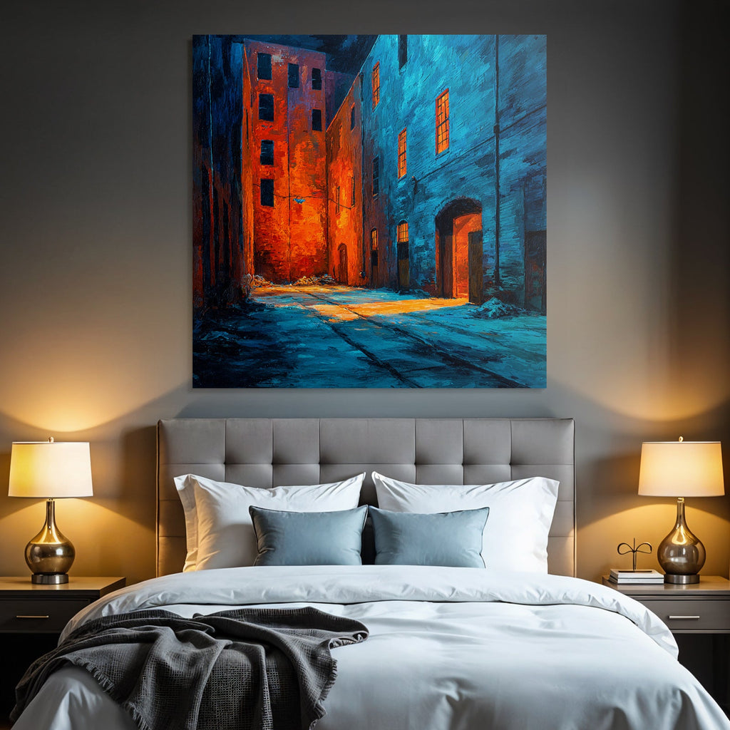Dark alley with warm oranges and cool blues