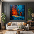 Dark alley with warm oranges and cool blues