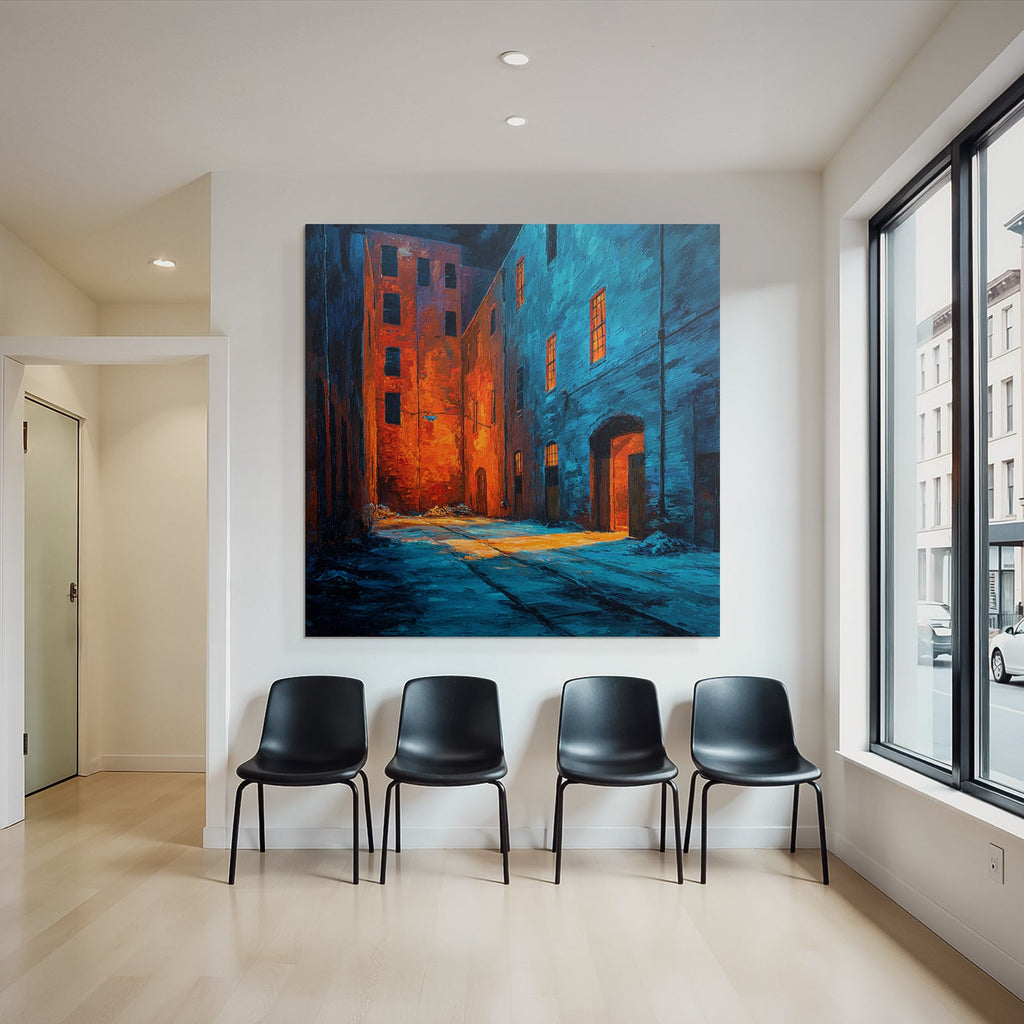 Dark alley with warm oranges and cool blues