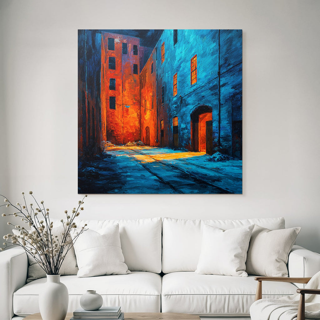Dark alley with warm oranges and cool blues