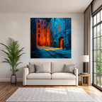 Dark alley with warm oranges and cool blues