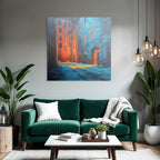 Dark alley with warm oranges and cool blues