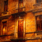 Gemalte Fassade Mit Tür Balkon Und Fenstern Bei Abendlicht | Staedtekunst | Laender und Reisen