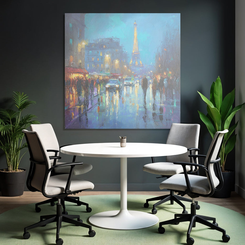 Impressionistische Nacht In Paris Mit Eiffelturm Und Reflektierenden Strassenlaternen