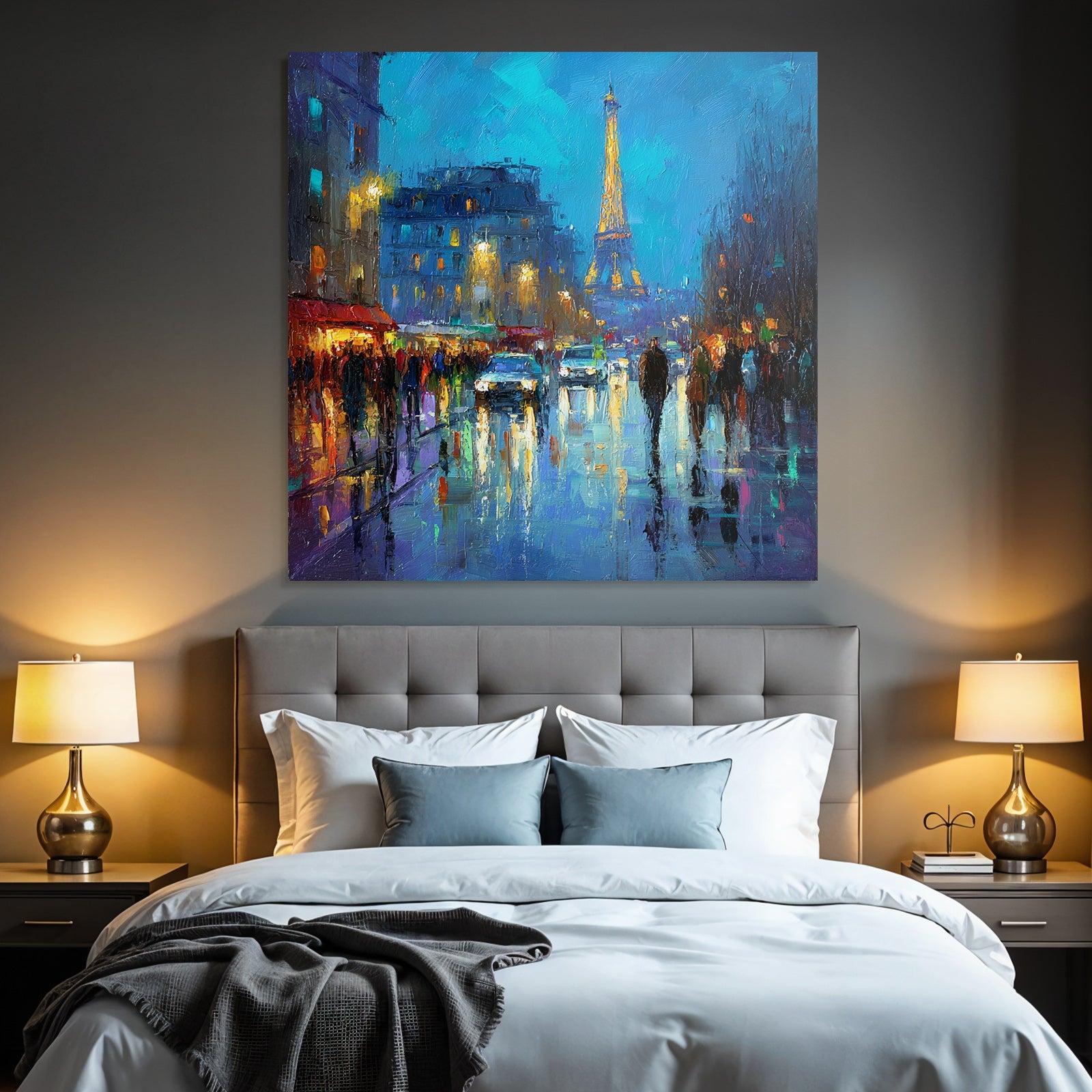 Impressionistische Nacht In Paris Mit Eiffelturm Und Reflektierenden Strassenlaternen