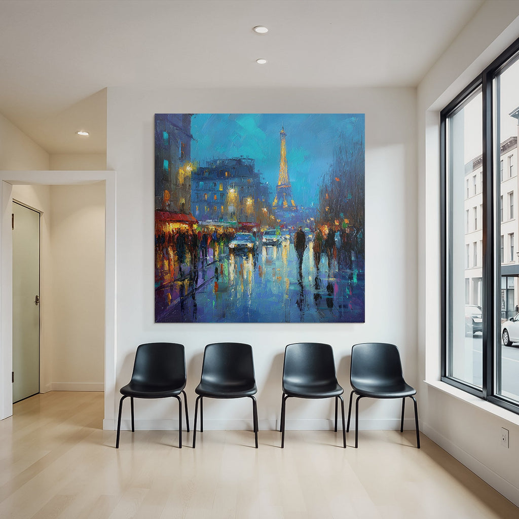 Impressionistische Nacht In Paris Mit Eiffelturm Und Reflektierenden Strassenlaternen