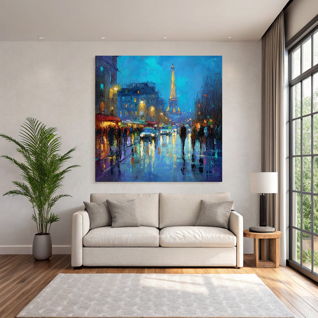Impressionistische Nacht In Paris Mit Eiffelturm Und Reflektierenden Strassenlaternen
