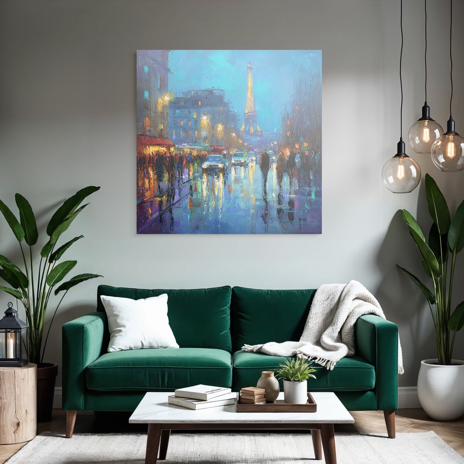 Impressionistische Nacht In Paris Mit Eiffelturm Und Reflektierenden Strassenlaternen