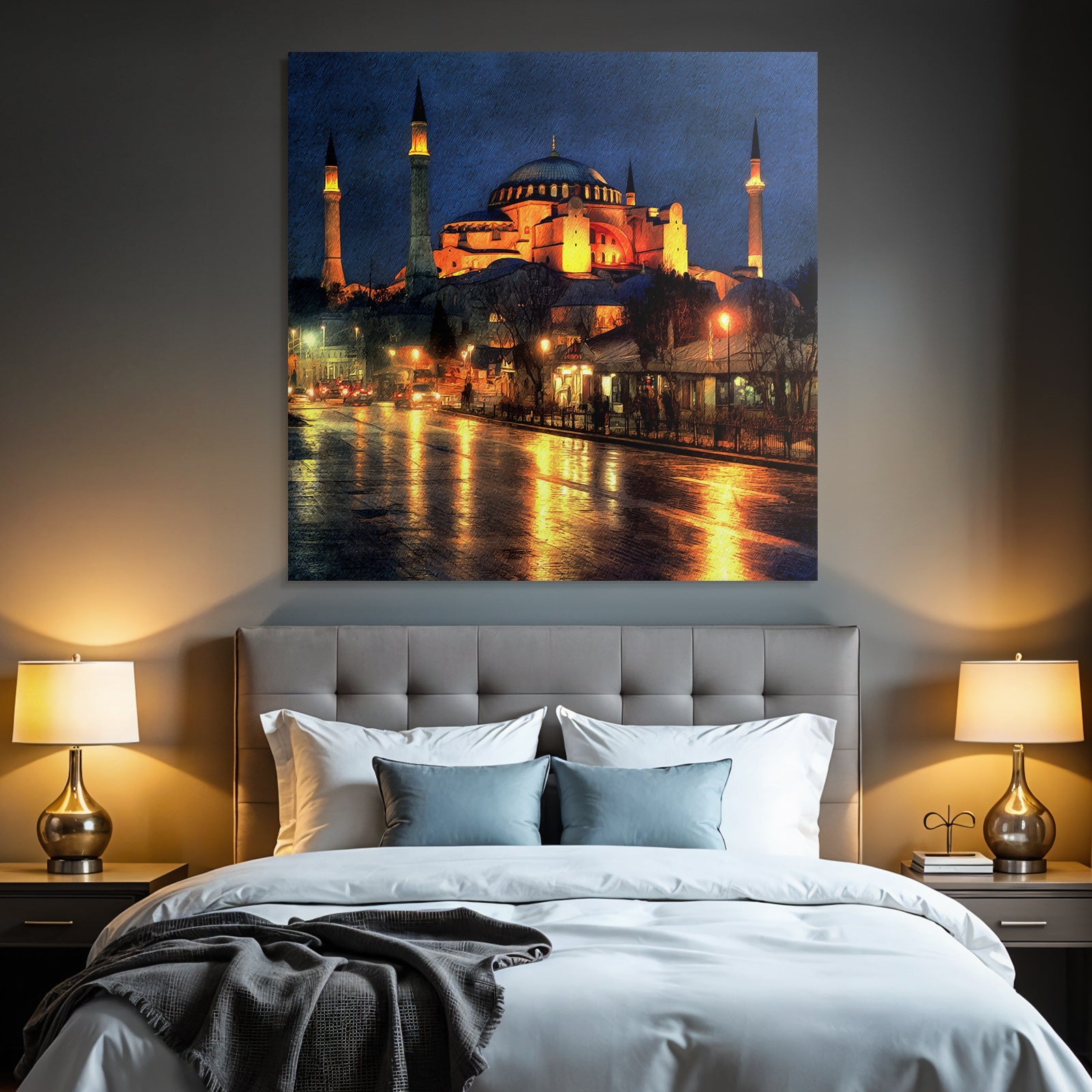 Moschee Bei Nacht Mit Beleuchtung Und Nasser Strasse