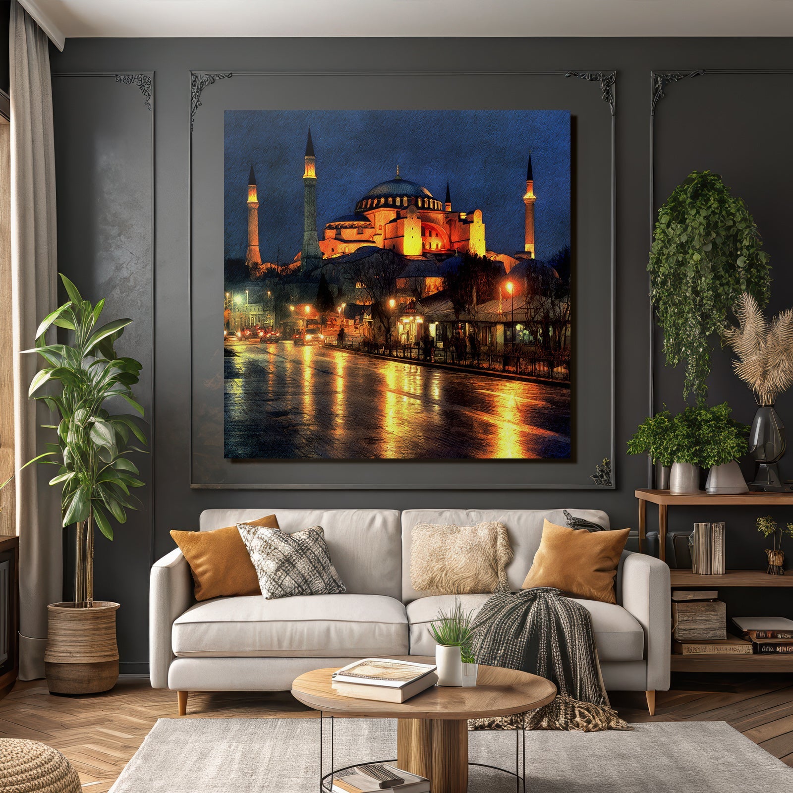 Moschee Bei Nacht Mit Beleuchtung Und Nasser Strasse